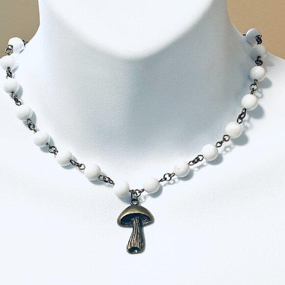 Natural White Magnesite Choker, Cute Bronze Slim Mushroom + Genuine Gemstone - Picture 2 of 14